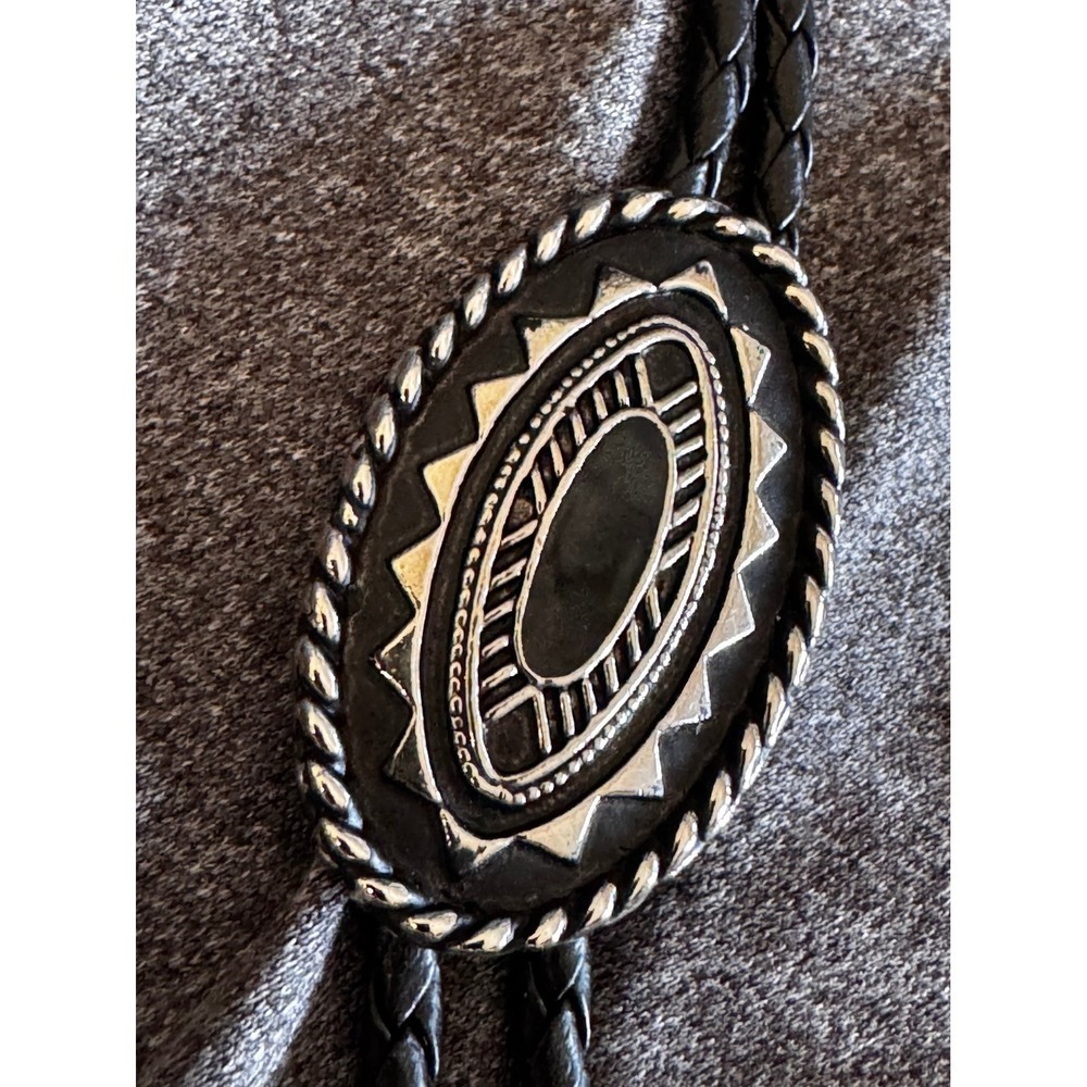 Vintage USA Made Western Bolo Tie Black Braided Cord Silver Tone Geometric Oval